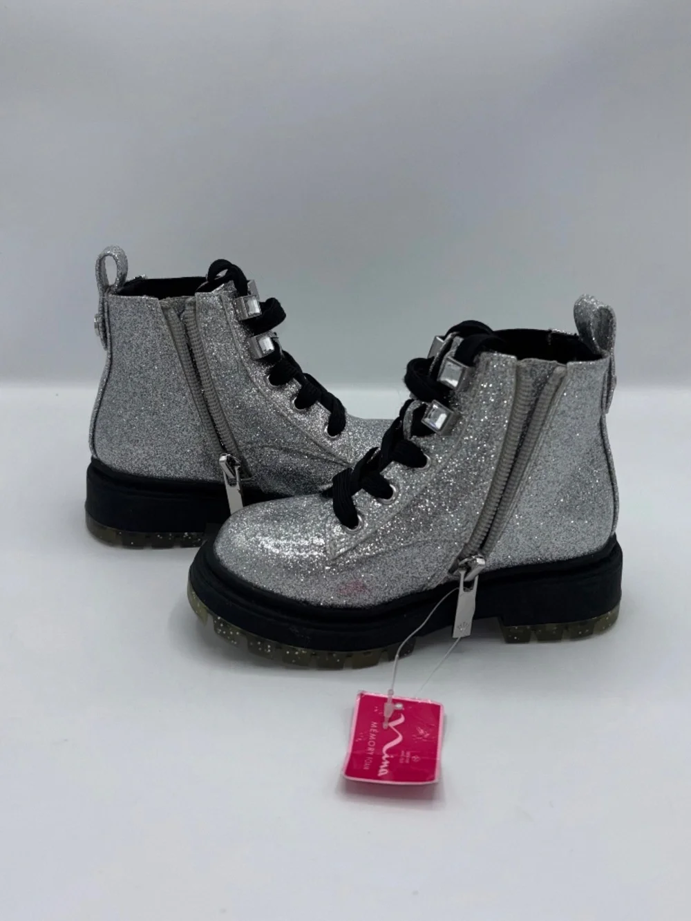 Nina Coelette Silver Grey Glitter Combat Lace-Up Boots Memory Foam Toddler 7